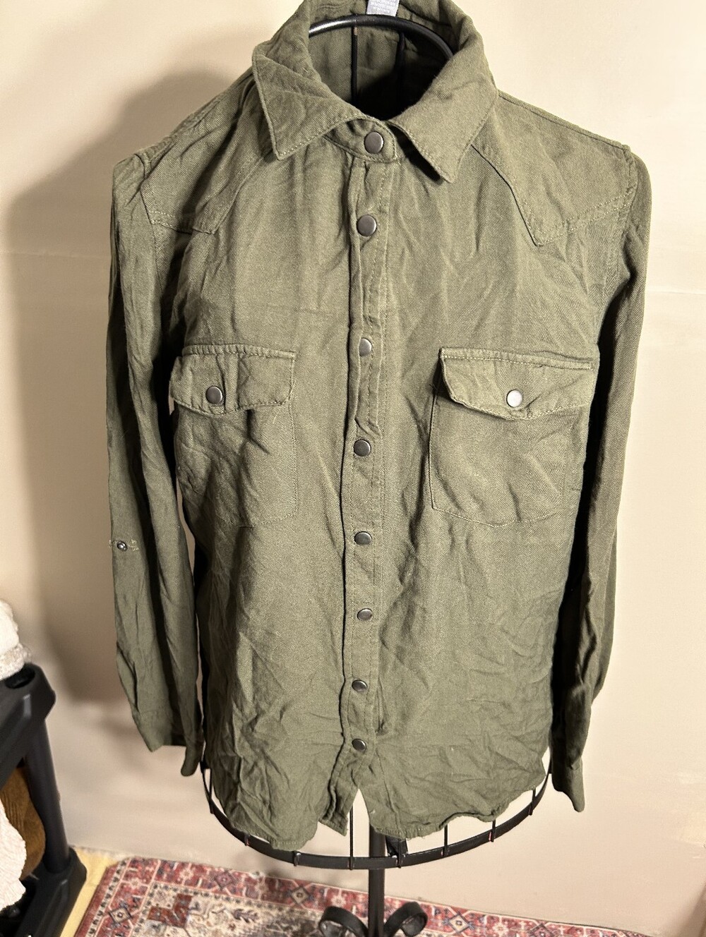 shirt dress size medium womans green snap button top
